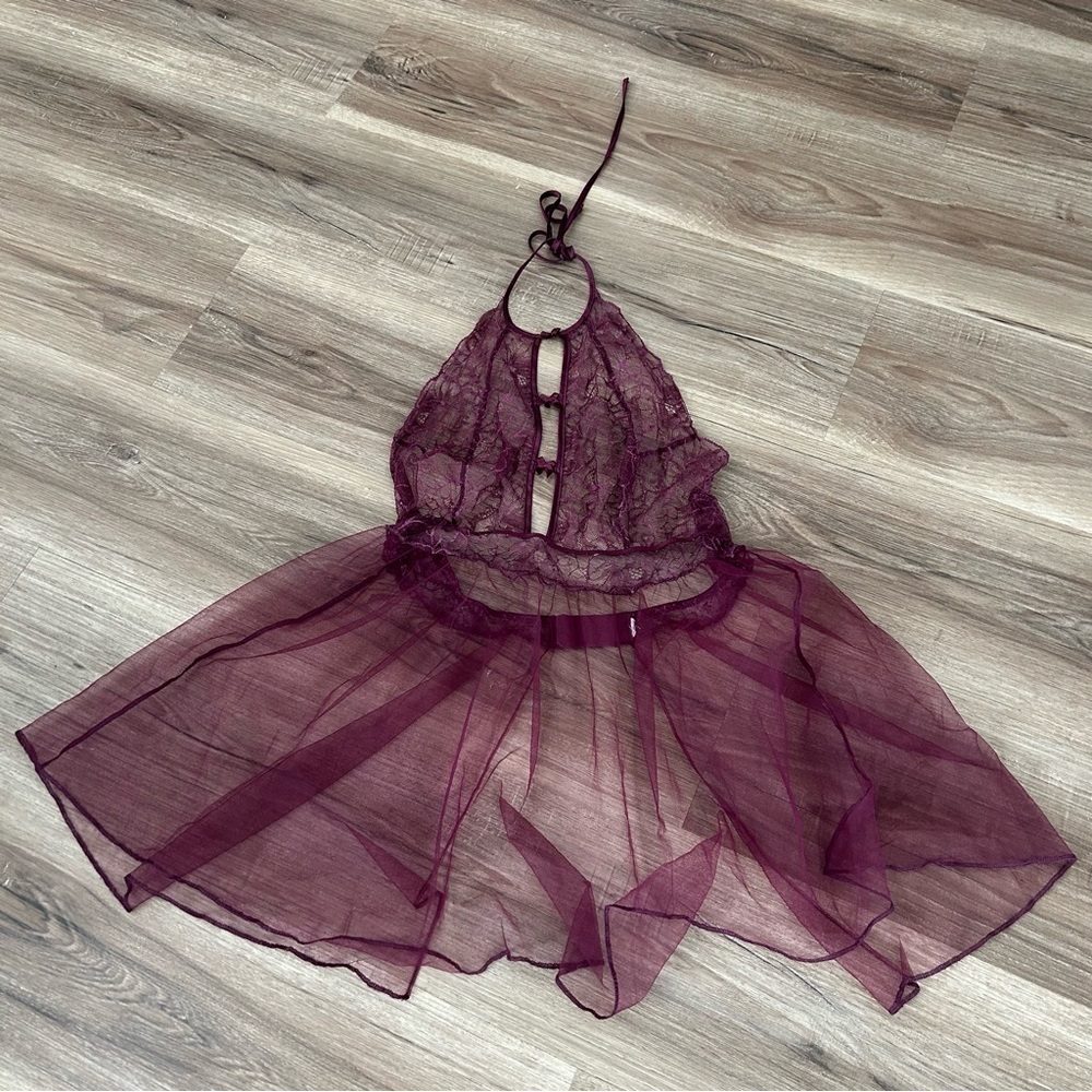 Plum Lace Mesh Halter Neck Intimate Sheer Peplum Top Women Small